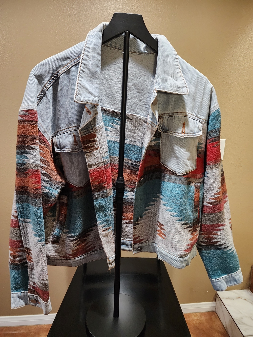 Women's Denim Aztec Pattern Jacket - Multicolor